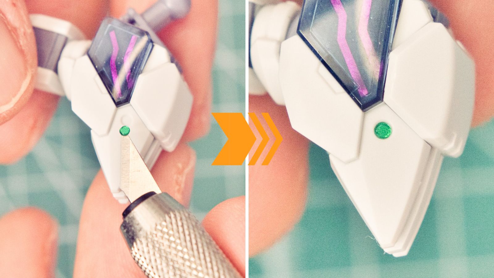 ガンプラのレッドポイントが簡単に!3Dメタリックシールでモールドをディテールアップ!!を連想させる写真